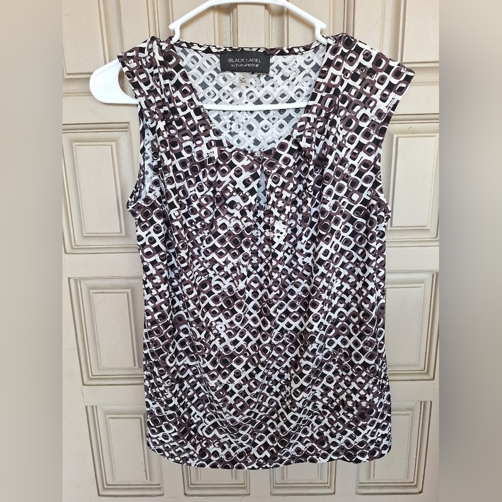 Black Label SzM Blouse Sleeveless Poly/Spandex Brn/Blk Geometric Round Neck